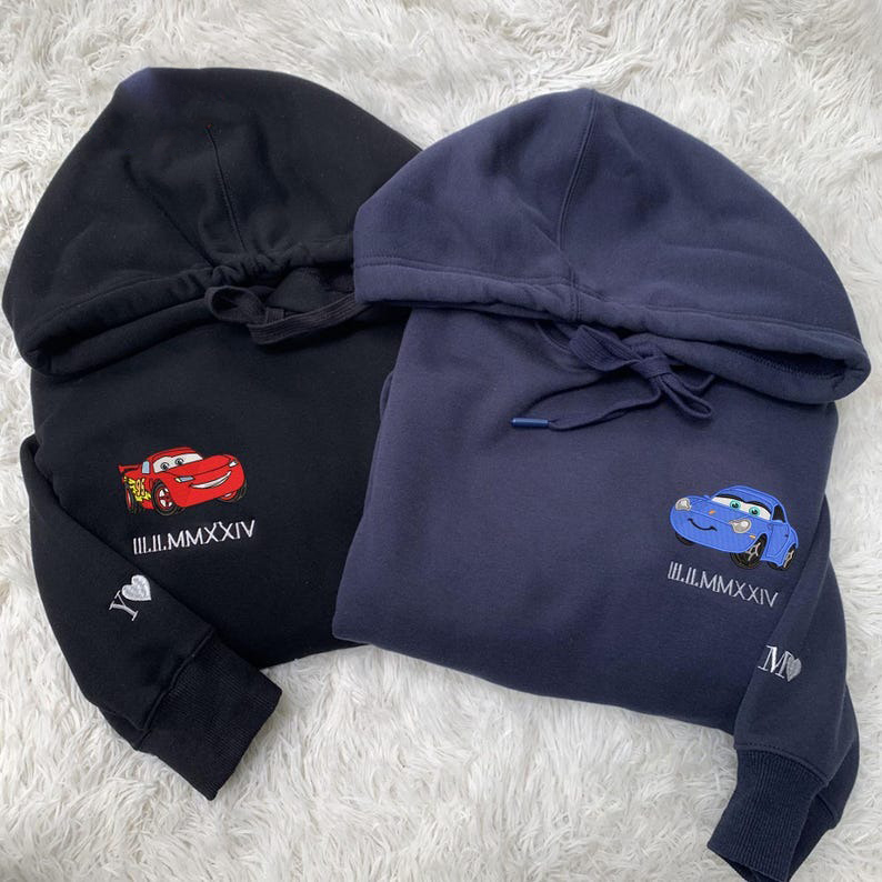 Custom Lovely Car Couple Characters Embroidered Sweatshirt, Couple Matching Sweater Couple Matching Clothes Gift, Valentine's Day