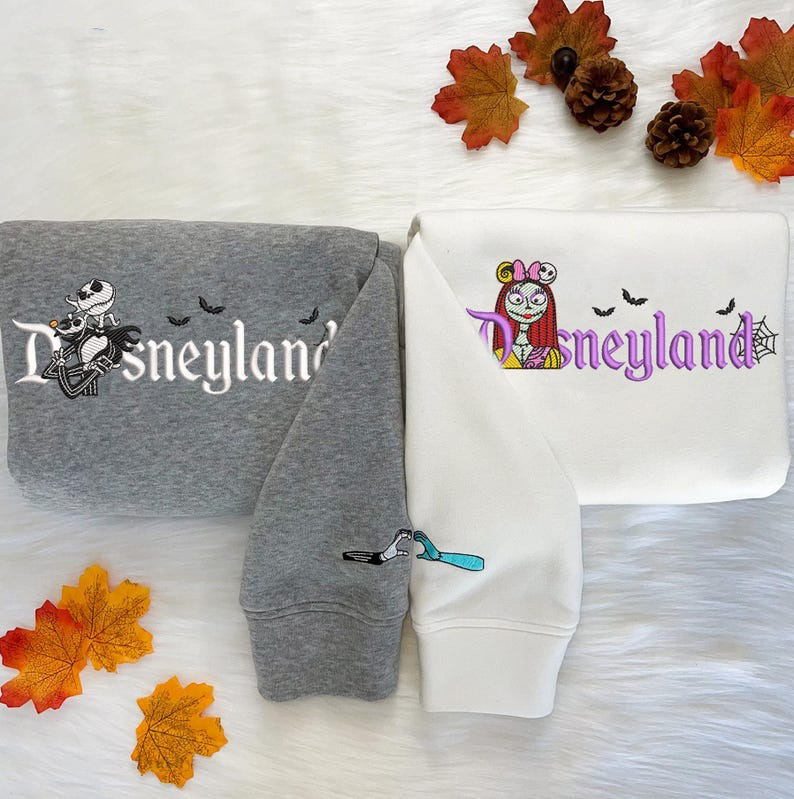 Couple Cartoon Skeleton Embroidered Sweatshirt, Couple Halloween Sweatshirt, Halloween Embroidered Sweatshirt, Anniversary Gift