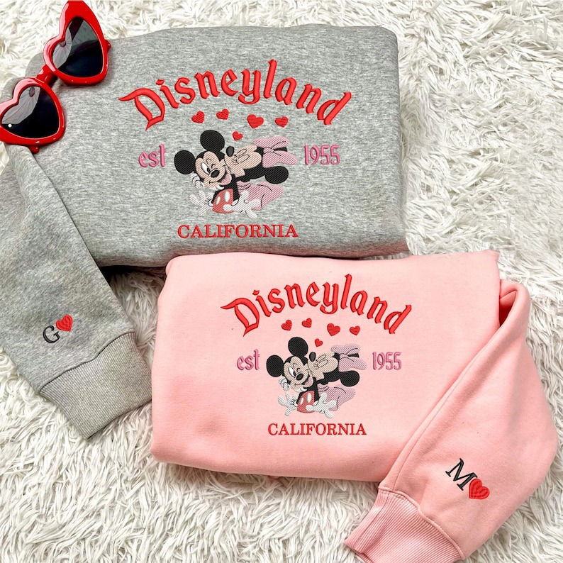 Valentine Embroidered Sweatshirt, Magical Land Mouse Couple Heart Embroidered Sweatshirt, Mouse Couple Cartoon Embroidered Jumper