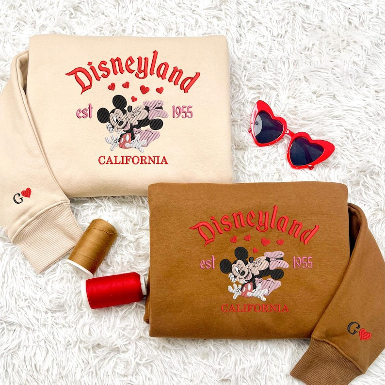 Valentine Embroidered Sweatshirt, Magical Land Mouse Couple Heart Embroidered Sweatshirt, Mouse Couple Cartoon Embroidered Jumper