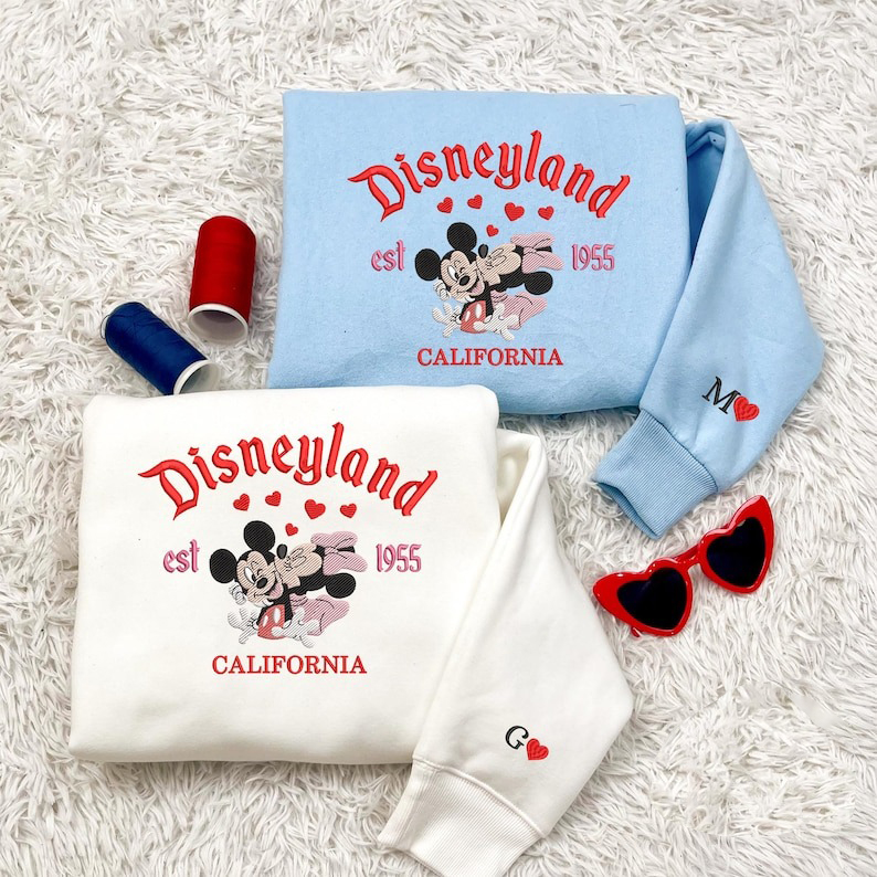 Valentine Embroidered Sweatshirt, Magical Land Mouse Couple Heart Embroidered Sweatshirt, Mouse Couple Cartoon Embroidered Jumper