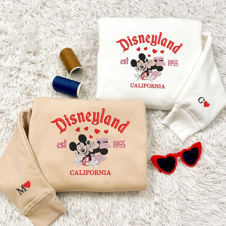 Valentine Embroidered Sweatshirt, Magical Land Mouse Couple Heart Embroidered Sweatshirt, Mouse Couple Cartoon Embroidered Jumper