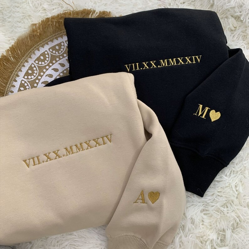 Personalized Embroidered Hoodie Sweater Roman Numeral Initial on sleeve, Anniversary Gift for him Couple Sweatshirt Hoodie