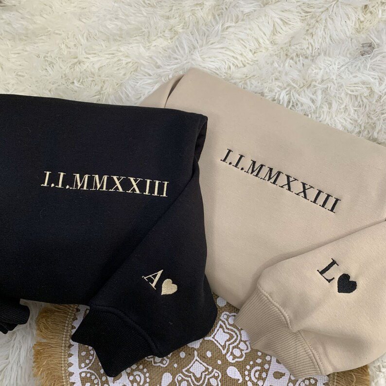 Personalized Embroidered Hoodie Sweater Roman Numeral Initial on sleeve, Anniversary Gift for him Couple Sweatshirt Hoodie