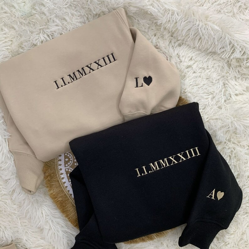Personalized Embroidered Hoodie Sweater Roman Numeral Initial on sleeve, Anniversary Gift for him Couple Sweatshirt Hoodie