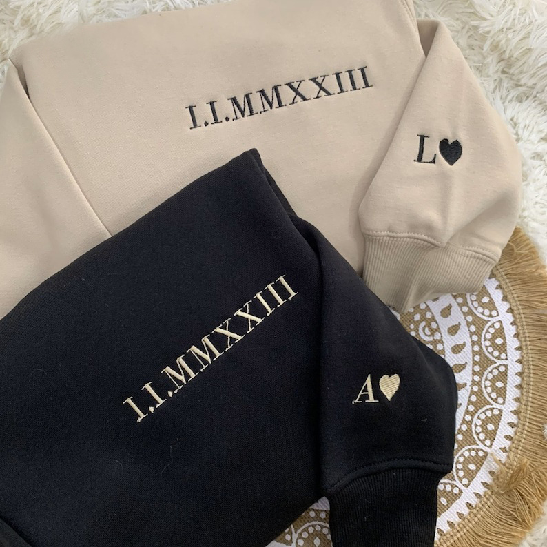 Personalized Embroidered Hoodie Sweater Roman Numeral Initial on sleeve, Anniversary Gift for him Couple Sweatshirt Hoodie