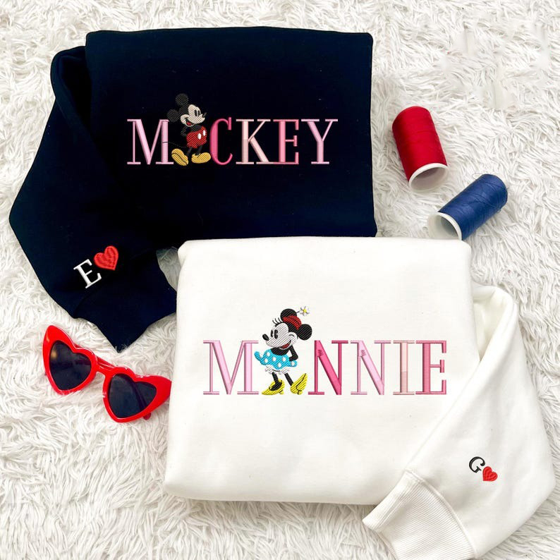 Retro Mouse Couple Sweatshirt, Valentine Embroidered Sweatshirt, Valentine Magical Land Couple Mouse Embroidered Shirt, Couple Sweatshirt