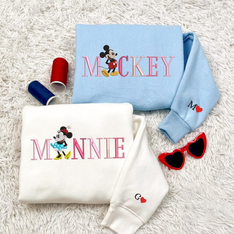 Retro Mouse Couple Sweatshirt, Valentine Embroidered Sweatshirt, Valentine Magical Land Couple Mouse Embroidered Shirt, Couple Sweatshirt