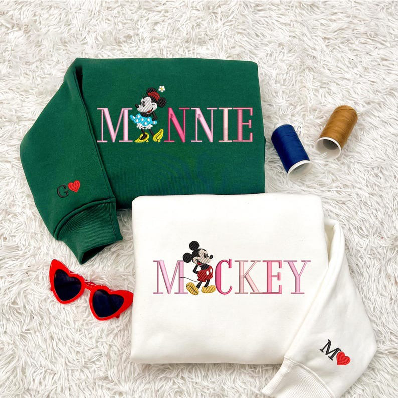 Retro Mouse Couple Sweatshirt, Valentine Embroidered Sweatshirt, Valentine Magical Land Couple Mouse Embroidered Shirt, Couple Sweatshirt