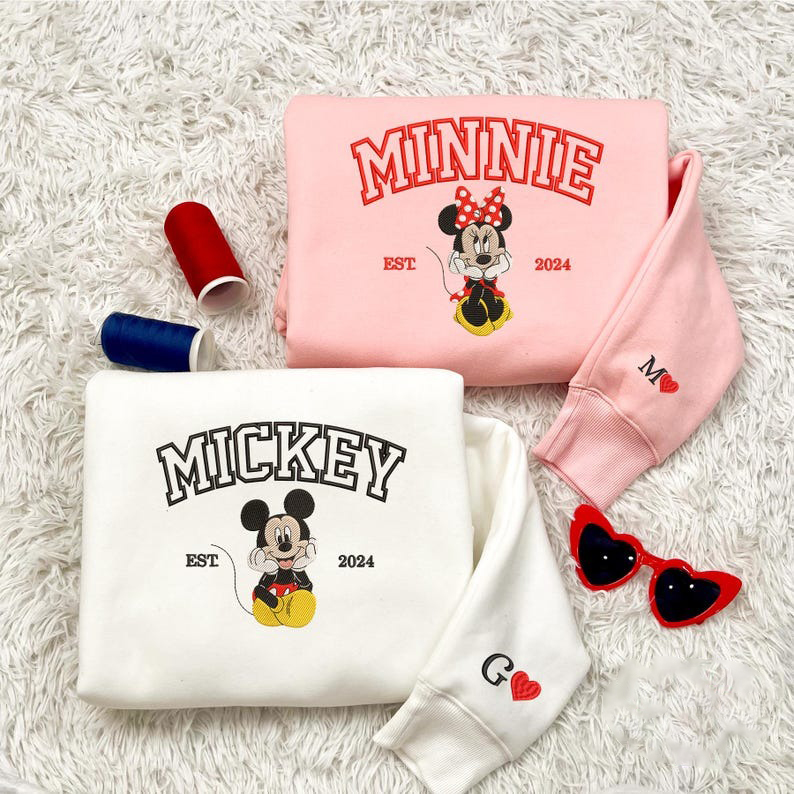 Valentine Embroidered Sweatshirt, Mouse Cartoon And Girlfriend Matching Shirt, Mouse Cartoon Couple Valentine Embroidered Sweaters
