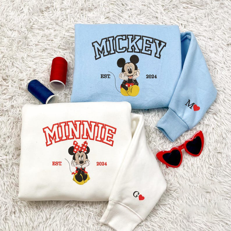 Valentine Embroidered Sweatshirt, Mouse Cartoon And Girlfriend Matching Shirt, Mouse Cartoon Couple Valentine Embroidered Sweaters