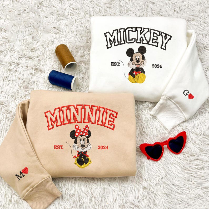 Valentine Embroidered Sweatshirt, Mouse Cartoon And Girlfriend Matching Shirt, Mouse Cartoon Couple Valentine Embroidered Sweaters