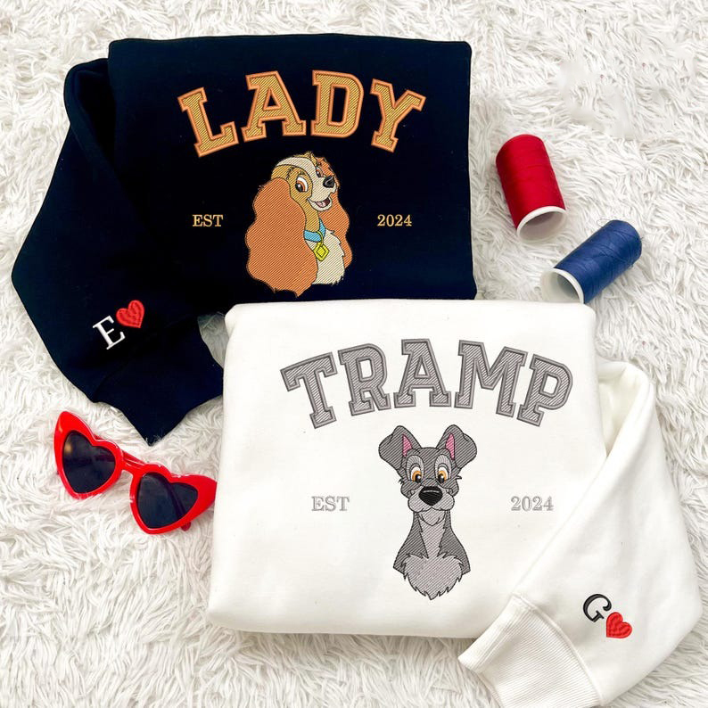 Couple Dog Cartoon Embroidered Sweatshirt, Valentine Embroidered Jumper, Magical Land Dog Embroidered Matching Shirt, Couple Shirt