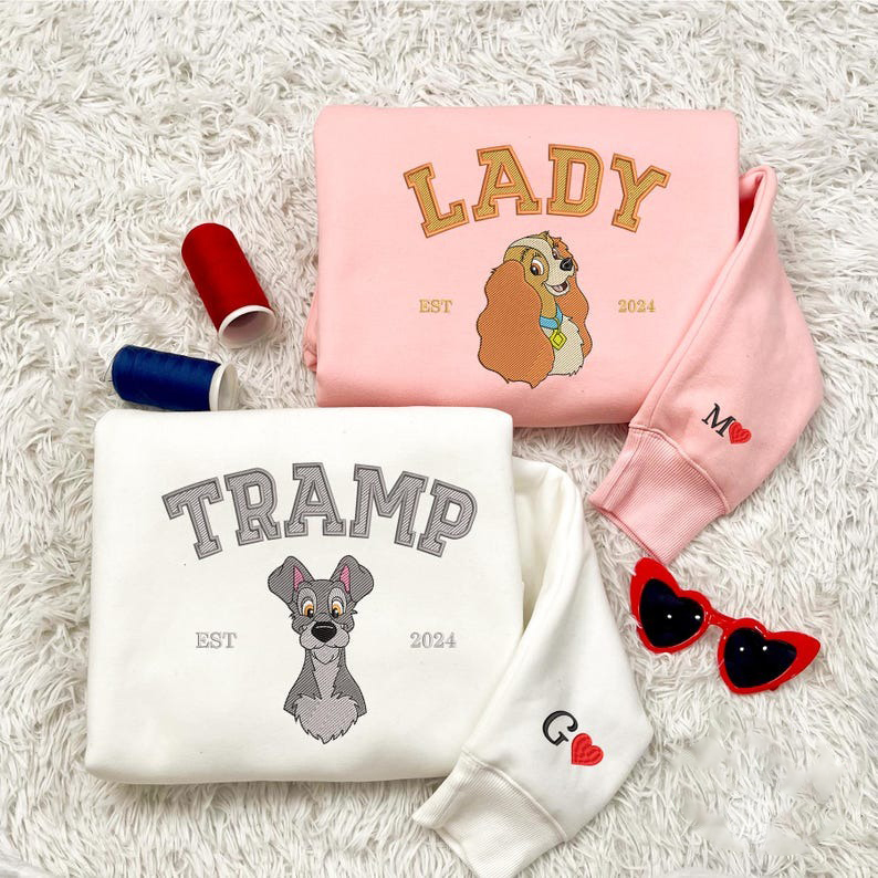 Couple Dog Cartoon Embroidered Sweatshirt, Valentine Embroidered Jumper, Magical Land Dog Embroidered Matching Shirt, Couple Shirt