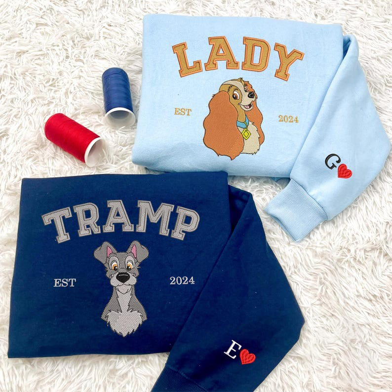 Couple Dog Cartoon Embroidered Sweatshirt, Valentine Embroidered Jumper, Magical Land Dog Embroidered Matching Shirt, Couple Shirt