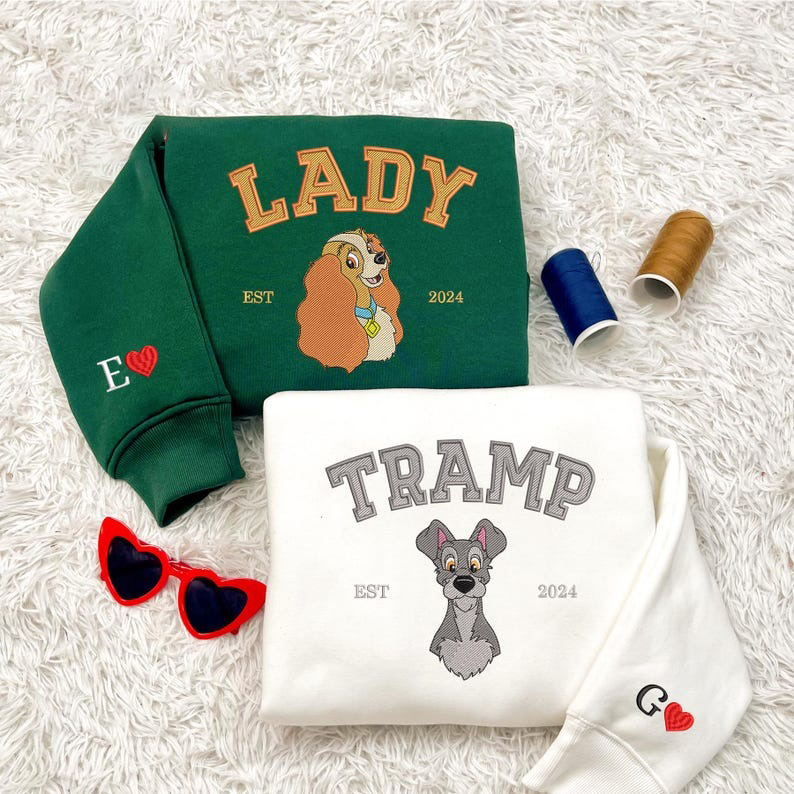 Couple Dog Cartoon Embroidered Sweatshirt, Valentine Embroidered Jumper, Magical Land Dog Embroidered Matching Shirt, Couple Shirt