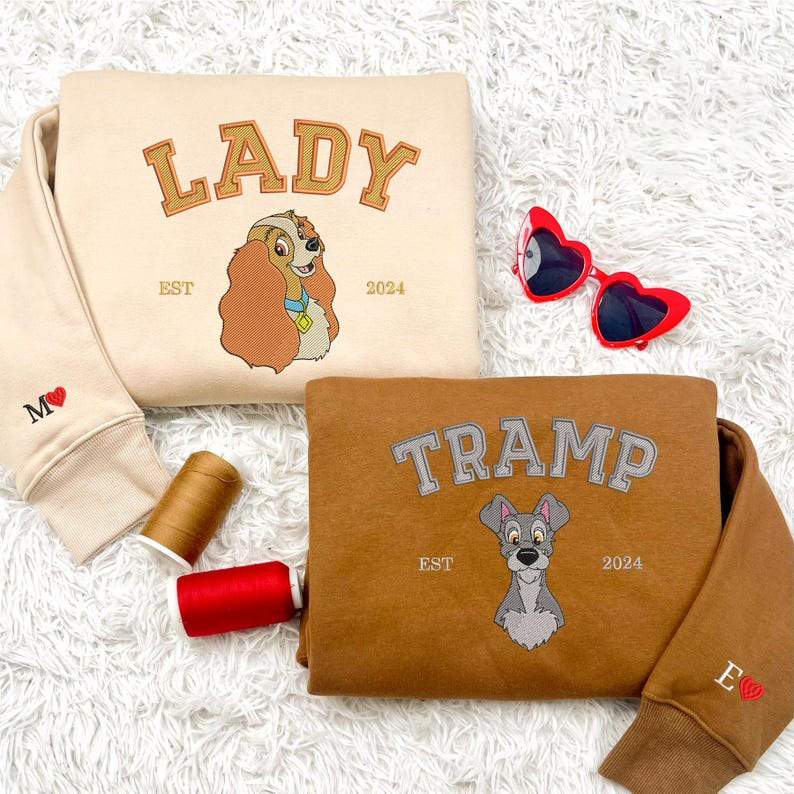 Couple Dog Cartoon Embroidered Sweatshirt, Valentine Embroidered Jumper, Magical Land Dog Embroidered Matching Shirt, Couple Shirt