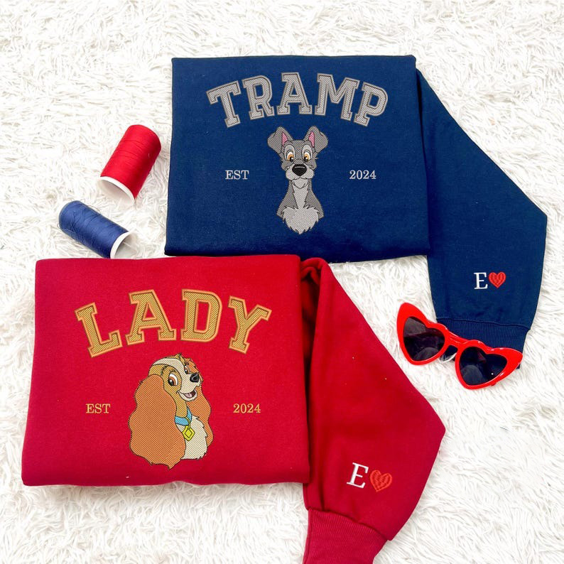 Couple Dog Cartoon Embroidered Sweatshirt, Valentine Embroidered Jumper, Magical Land Dog Embroidered Matching Shirt, Couple Shirt