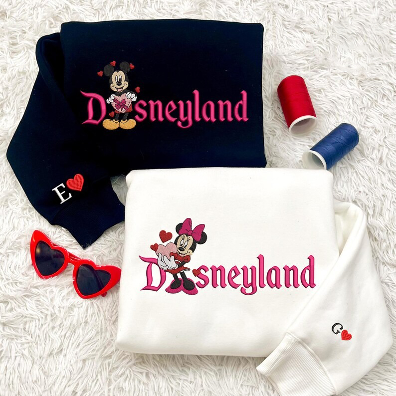 Valentine Embroidered Sweatshirt, Mouse Cartoon And Girlfriend Embroidered Shirt, Magical Land Cartoon Couple Valentine Embroidered Sweaters