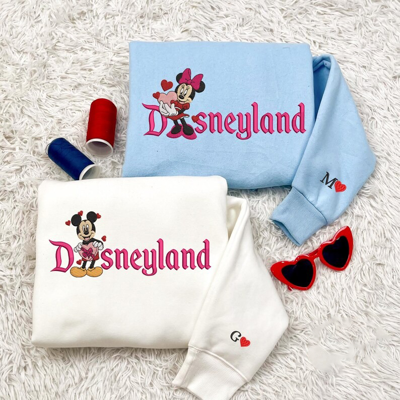 Valentine Embroidered Sweatshirt, Mouse Cartoon And Girlfriend Embroidered Shirt, Magical Land Cartoon Couple Valentine Embroidered Sweaters