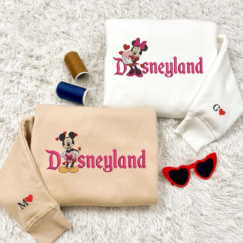 Valentine Embroidered Sweatshirt, Mouse Cartoon And Girlfriend Embroidered Shirt, Magical Land Cartoon Couple Valentine Embroidered Sweaters