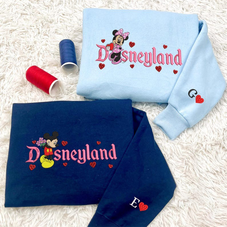 Valentine Embroidered Sweatshirt, Mouse Cartoon And Girlfriend Magical Land Embroidered Shirt, Mouse Cartoon Couple Heart Embroidered Shirt