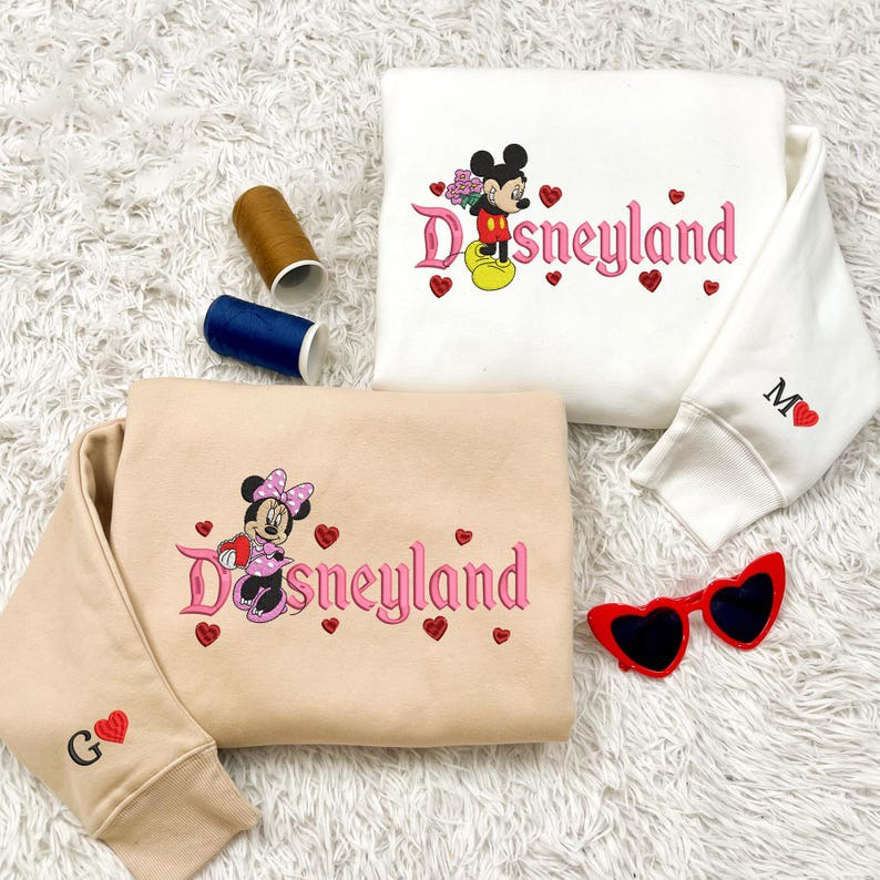 Valentine Embroidered Sweatshirt, Mouse Cartoon And Girlfriend Magical Land Embroidered Shirt, Mouse Cartoon Couple Heart Embroidered Shirt
