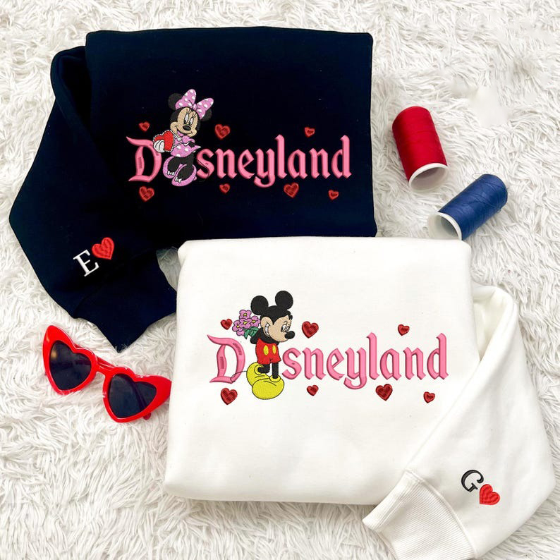Valentine Embroidered Sweatshirt, Mouse Cartoon And Girlfriend Magical Land Embroidered Shirt, Mouse Cartoon Couple Heart Embroidered Shirt
