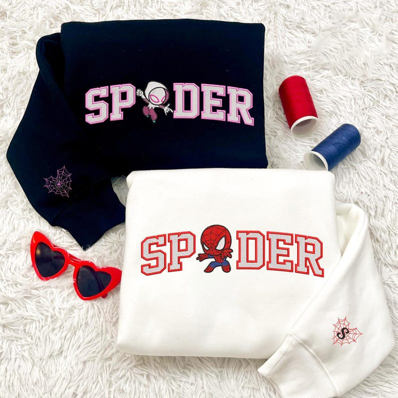 Couple Spider Embroidered Sweatshirt, Valentine Embroidered Sweatshirt, Love Sweaters, Anniversary Gift, Matching Sweatshirt, Gift For Her