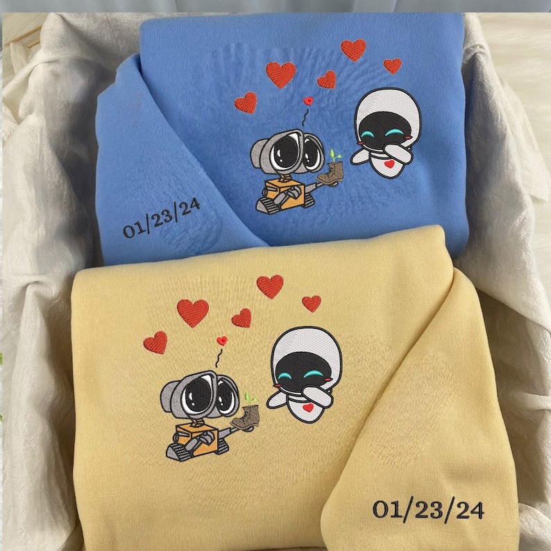 Lovely Droid Couple Character Embroidered Sweatshirt, Embroidered Couple Hoodie, Personalized Couple Embroidered Sweatshirt, Valentine's Day