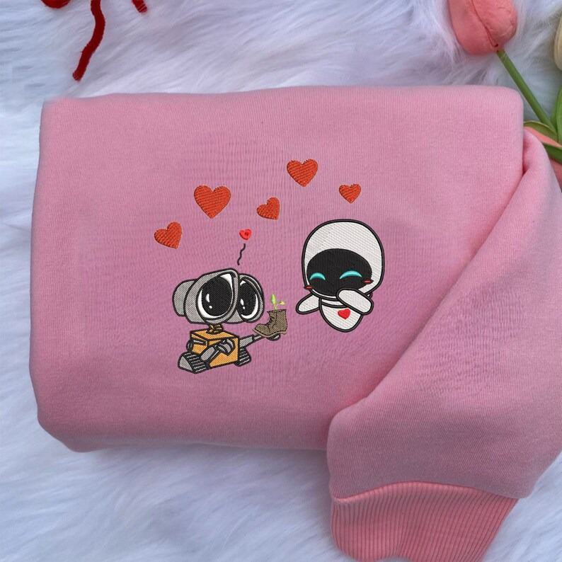 Lovely Droid Couple Character Embroidered Sweatshirt, Embroidered Couple Hoodie, Personalized Couple Embroidered Sweatshirt, Valentine's Day