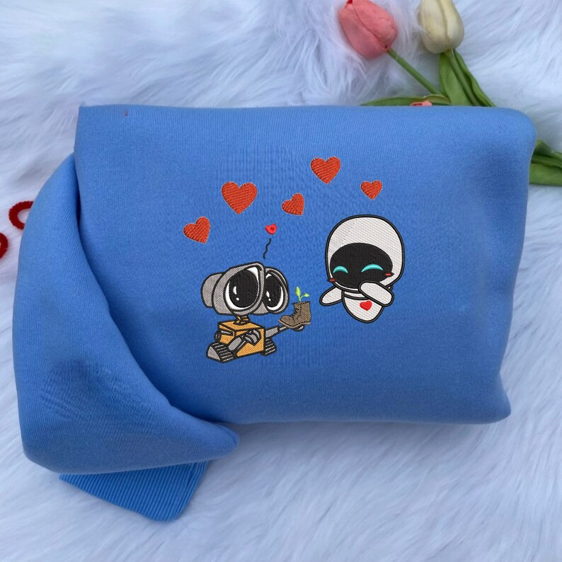 Lovely Droid Couple Character Embroidered Sweatshirt, Embroidered Couple Hoodie, Personalized Couple Embroidered Sweatshirt, Valentine's Day