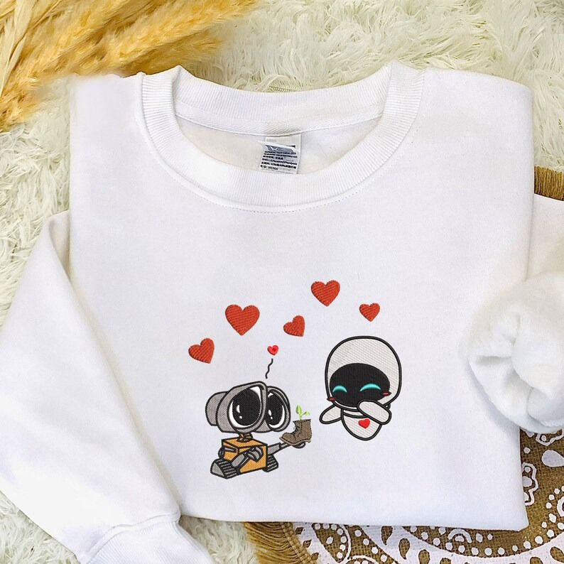 Lovely Droid Couple Character Embroidered Sweatshirt, Embroidered Couple Hoodie, Personalized Couple Embroidered Sweatshirt, Valentine's Day