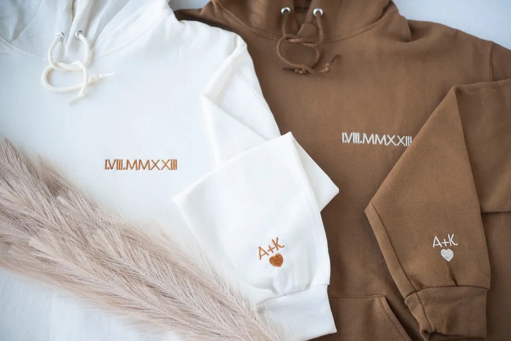 Personalized Embroidered Roman Numeral Couple Hoodie Sweatshirt Tee