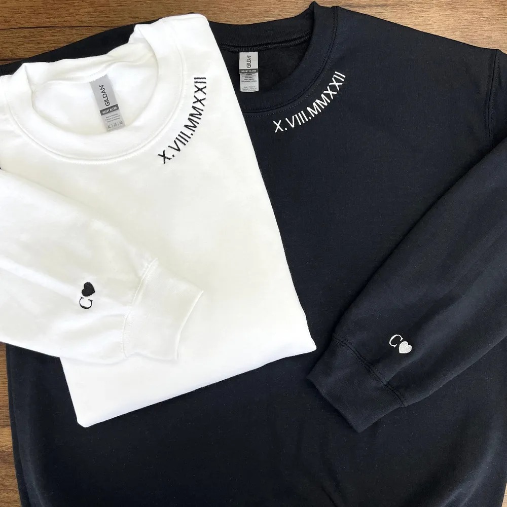 Personalized Embroidered Roman Numeral Collar And Sleeve Hoodie Sweatshirt Tee